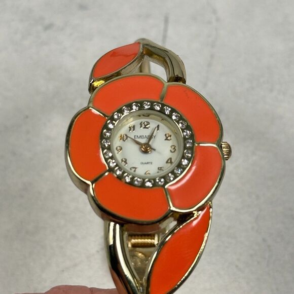 Embassy Accessories - Embassy Watch Womens 29mm Flower Orange Enamel Pave Bezel Clamper New Battery